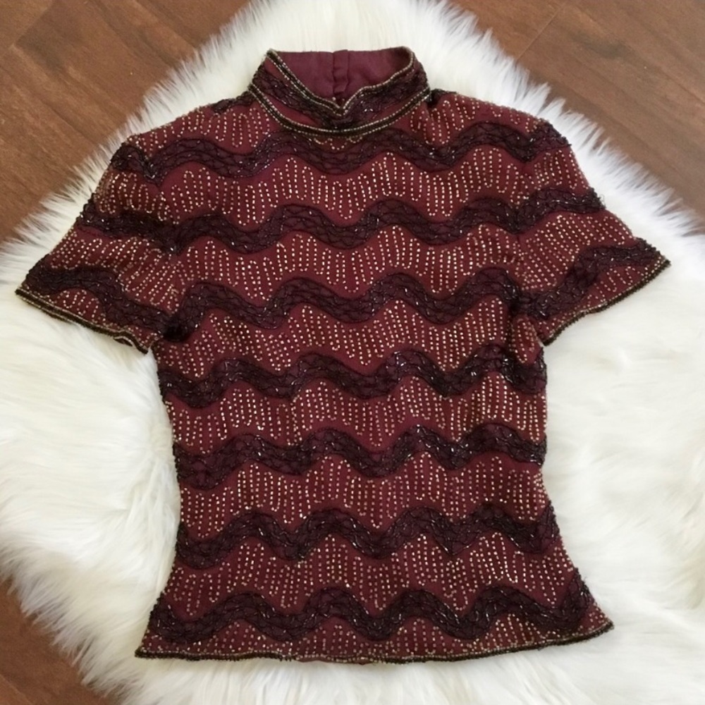 Papell Boutique Silk Beaded High Neck Top